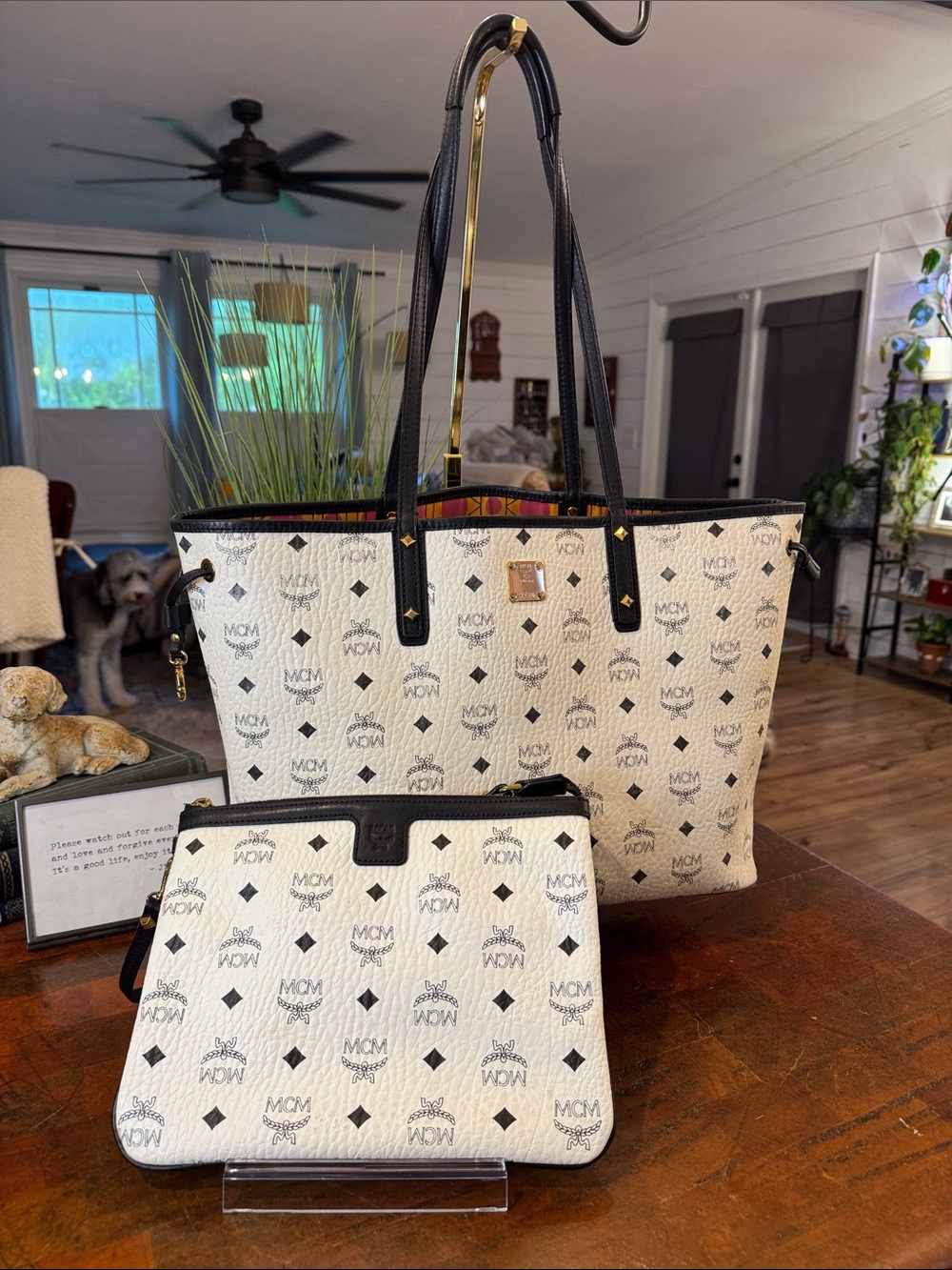 MCM Cream Logo Reversible Tote with Black Trim and Matching Pouch